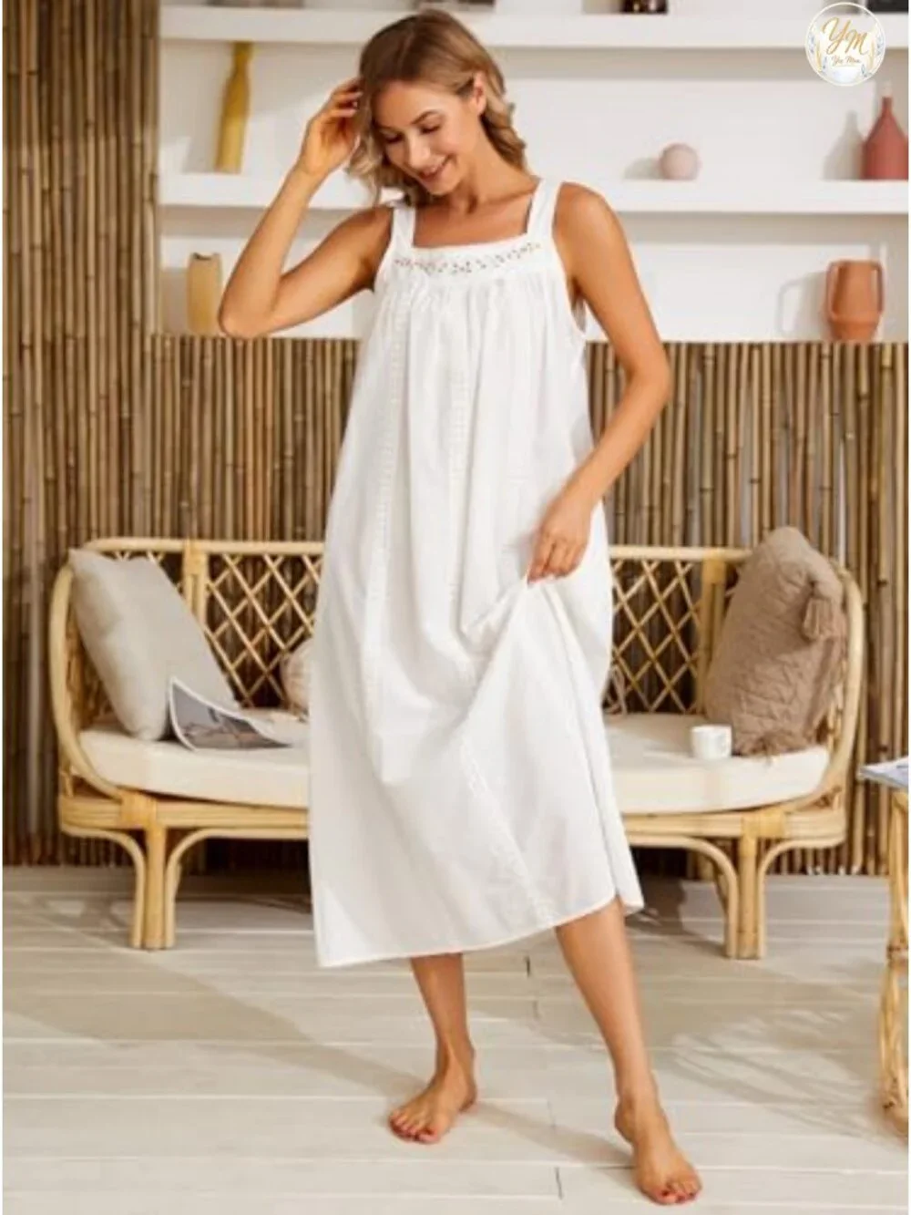 100% Cotton Sleeveless Nightgown with Pockets Embroidery